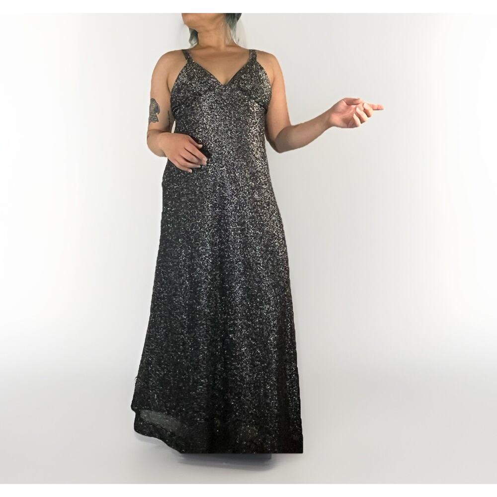 90s Long Sleek Sparkly Formal Dress Gown Bodycon Starry M/L Slip V Neck Romantic